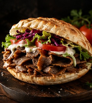 Frisch zubereiteter Drehspieß im Fladenbrot